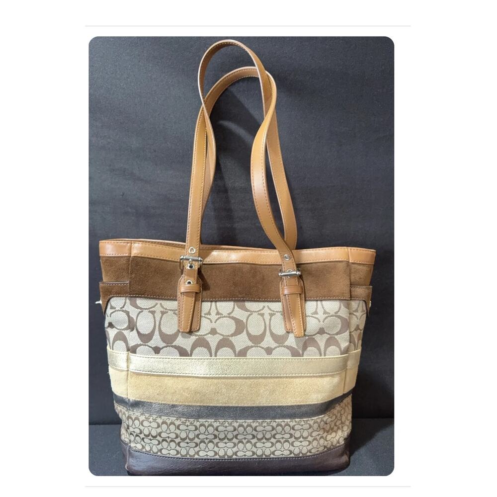 COACH Signature Logo Canvas Suede Leather Shoulder Bag Brown